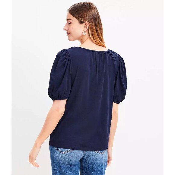 Ann Taylor LOFT Puff Sleeve Split Neck Top S - Picture 3 of 3